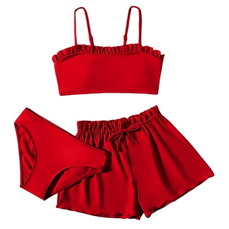 LUOGENLI Girls Swimsuit Size 7 Rash Guard Kids Girls Bikini Swimsuits with Shorts 3 Piece Bikini Sets Sport Bathing Suits Girls Swimsuit Cover up Size 6-7 12-14 Years