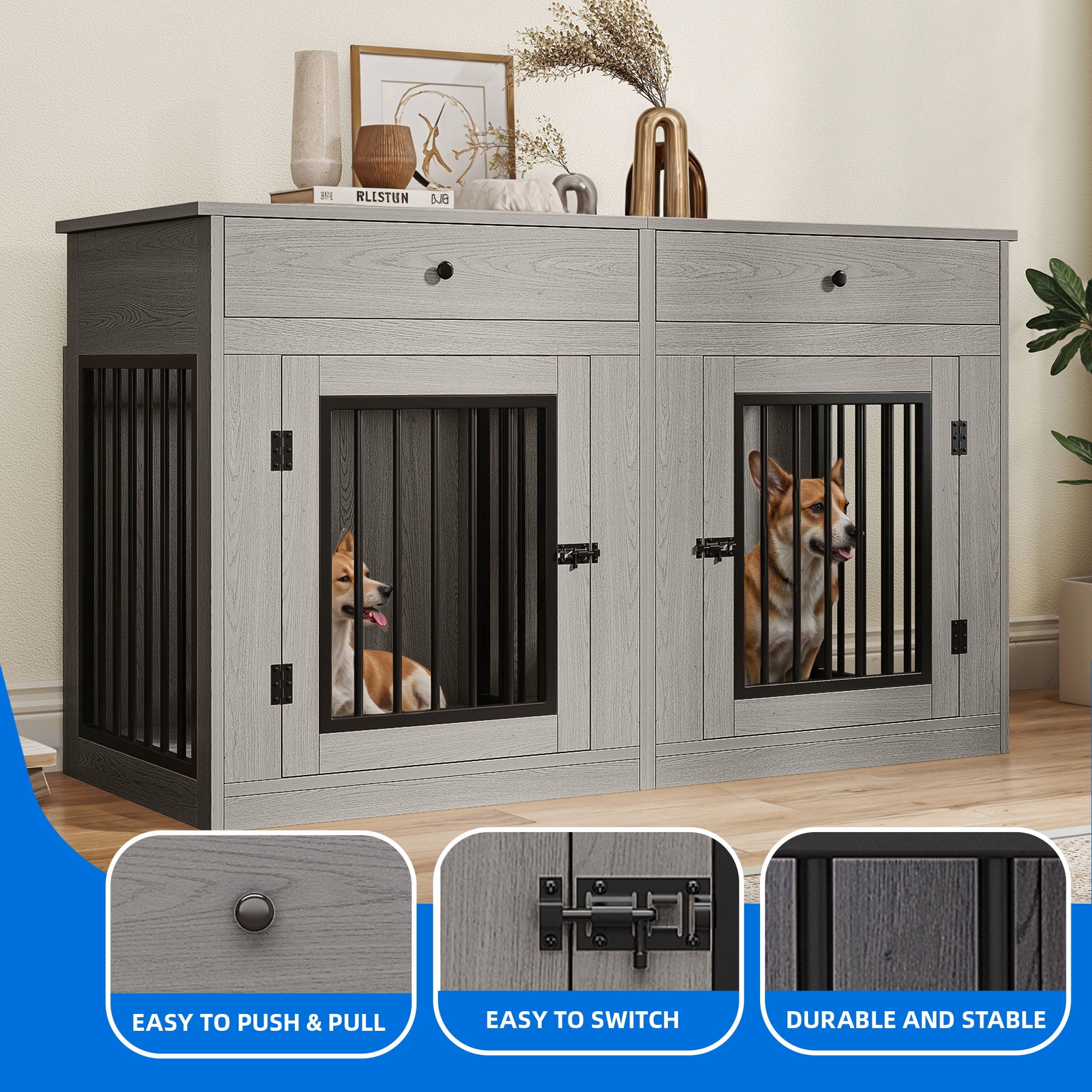 Dextrus 60" Large Double Door Dog Crate Furniture with Locks, Indoor Dog Cage Table with Removable Divider & 2 Storage Drawers, Gray