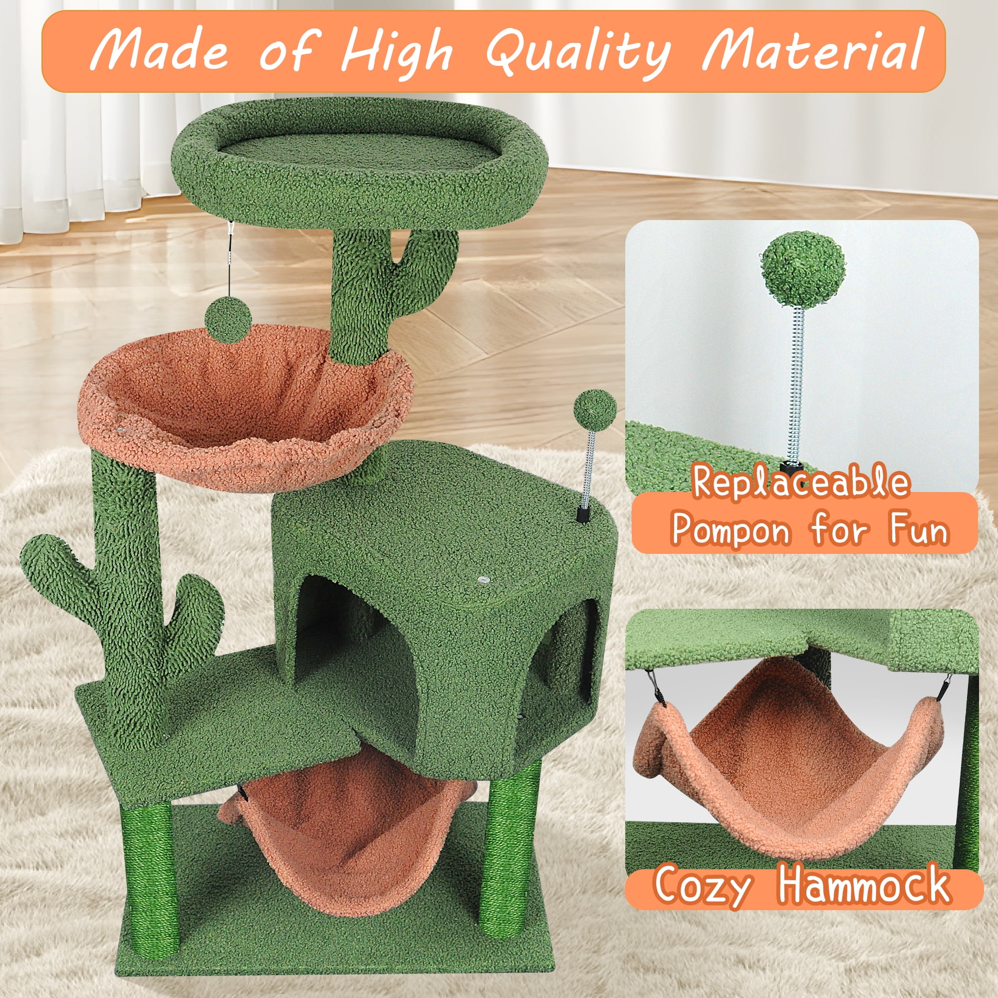 AIWIKIDE 39.37 inch Cactus Cat Tree Tower with Condo and Big Hammock for Indoor Small Cats, Green