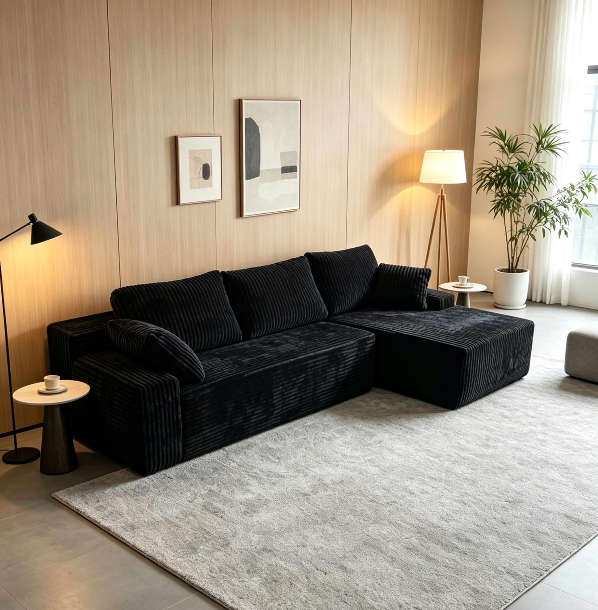 MAYEERTY 96" Black Corduroy Boneless L-Shaped Cloud Sectional Sofa, Compressed No Assembly Couch for Small Living Room