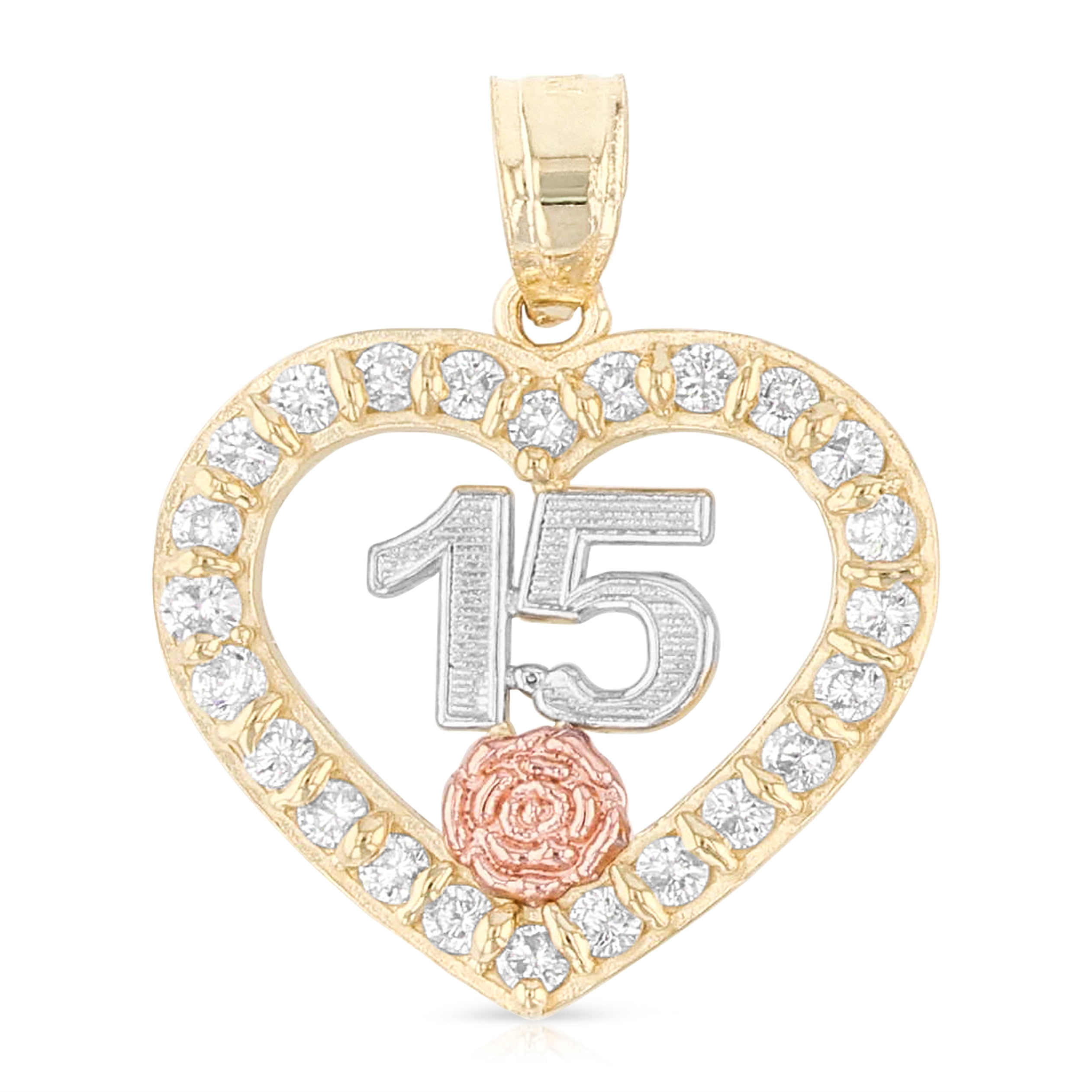 14K Tri Color Gold Sweet 15 Years Quinceanera Mis 15 Anos Charm Pendant with 2.3mm Hollow Cuban Chain Necklace 