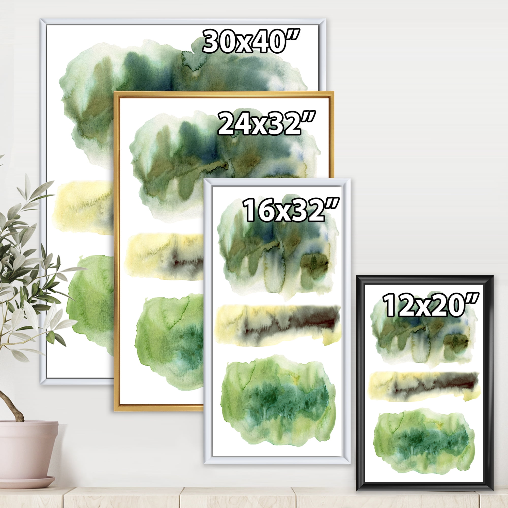 Designart 'Golden Green Abstract Clouds III' Modern Framed Canvas Wall Art Print