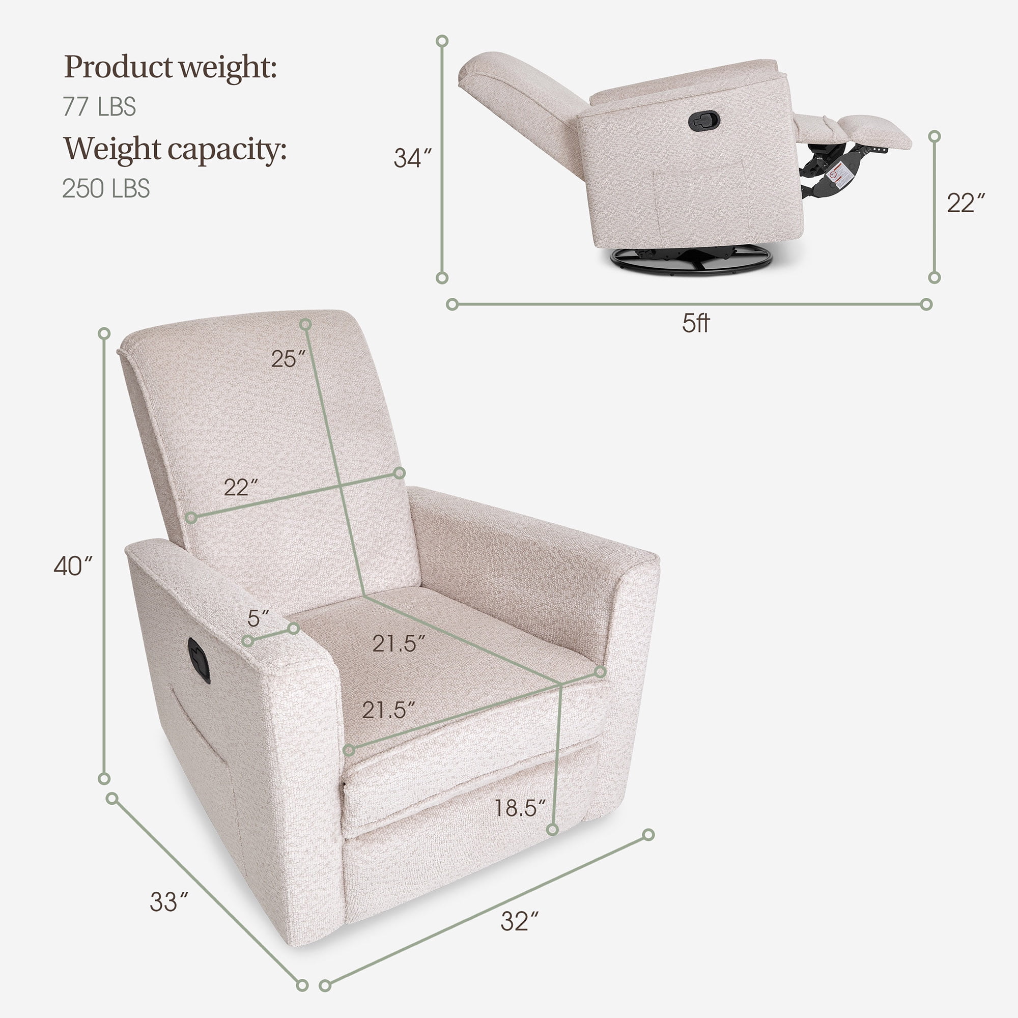 Evolur Raleigh Basic Glider |Recliner| Rocker, Ballet Pink