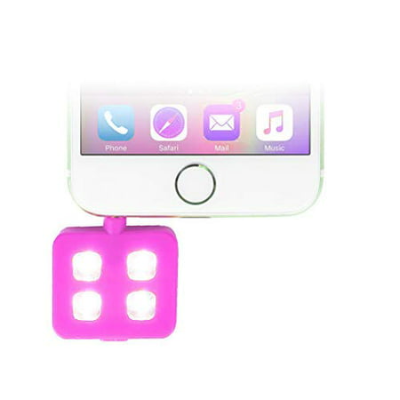 Universal 4-LED Flash Selfie Adapter w/ 3 Light Settings, Low, Bright, Ultra Bright, No Red Eyes, USB Cable, 3.5mm Aux Input iPhone Ipad Samsung Android (Must Have Aux Port) (Pink