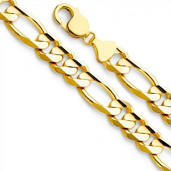Dimaya Fine Jewelry Genuine 14k Yellow Gold 11.3mm Wide Concave 3 1 Figaro Men's Chain Necklace - Available in 24" 26"