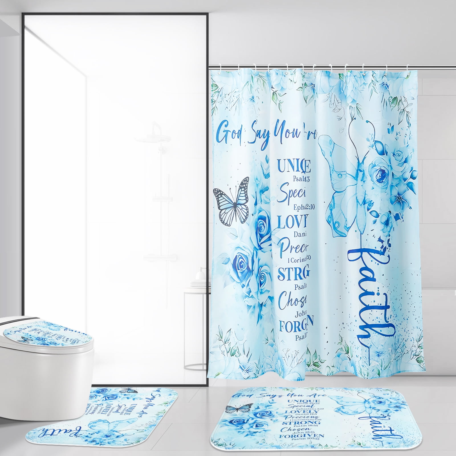Dznils Blue Floral Shower Curtain Sets with Rugs, 16pc Butterfly Bathroom Curtain Set, 72" x 72"