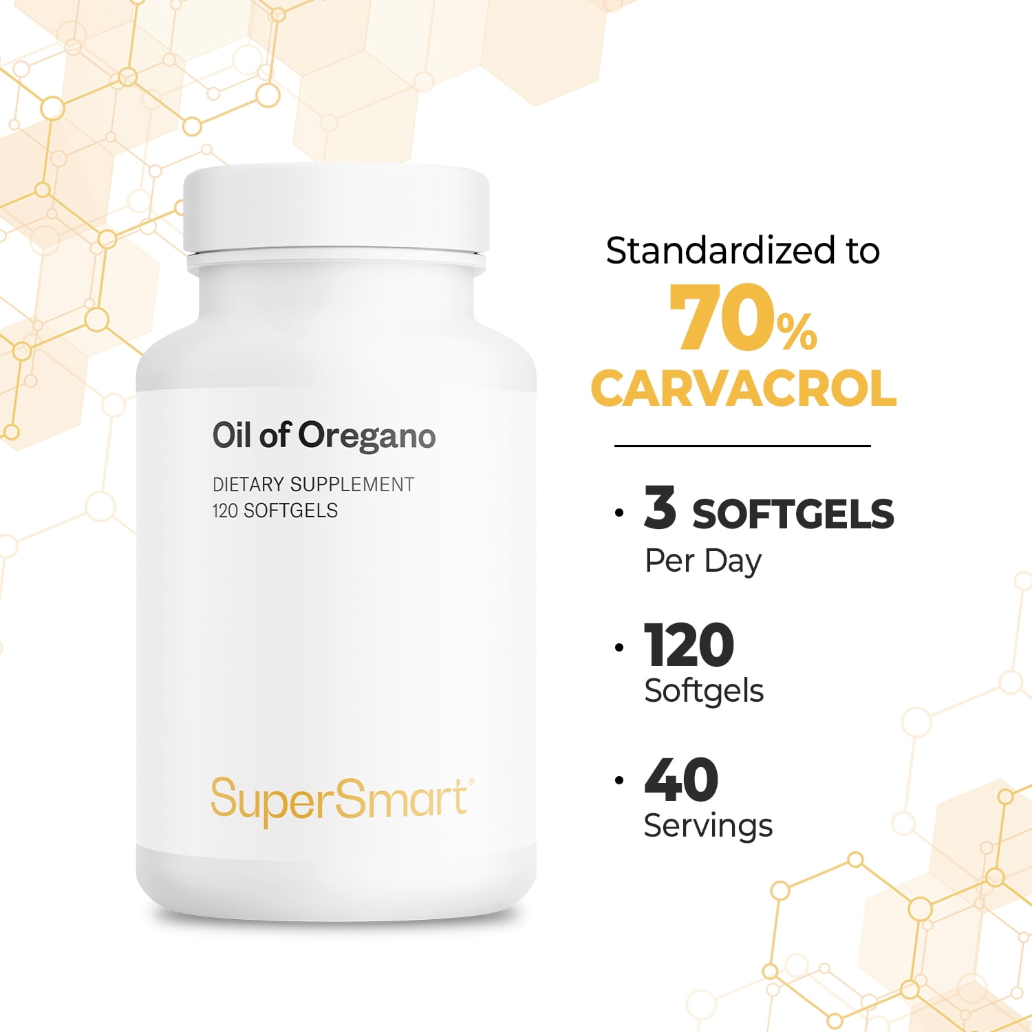 SuperSmart Oil Of Oregano (High Strength) - Concentrated Plant Based 70% Carvacrol - with Sunflower Oil | Non-GMO & Gluten Free - 120 Softgels