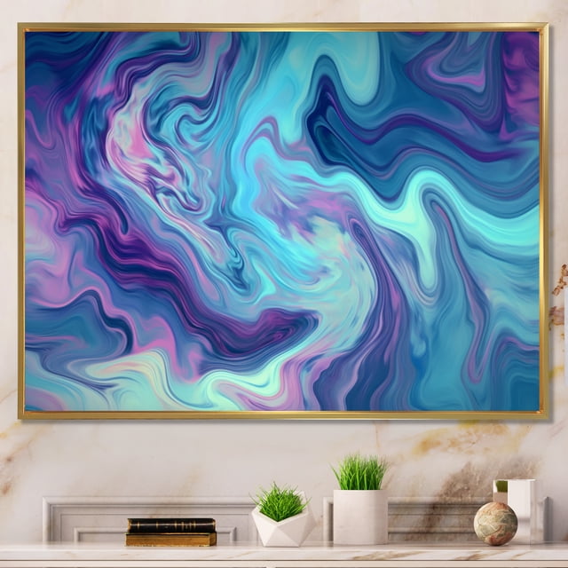Designart Abstract framed wall art decor, Abstract framed wall art Print, Marble Fusion in Turquoise and Purple I , Turquoise Large Modern Gold framed wall art, 40x30 inches Gold Frame