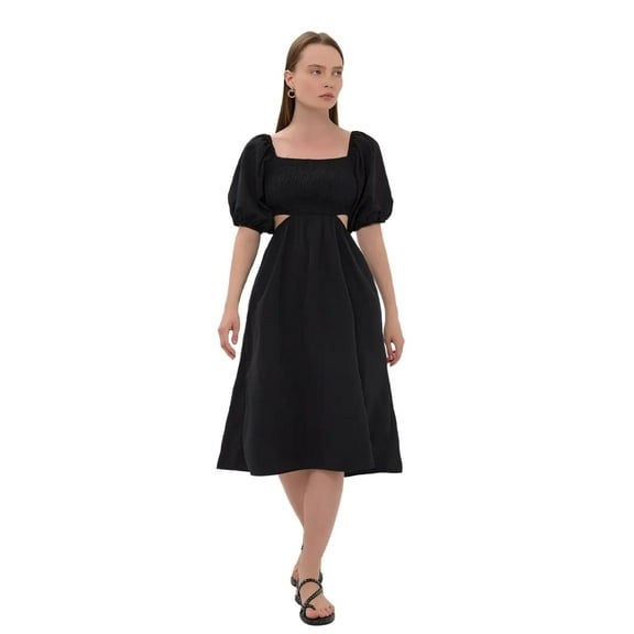 Cotton Square-Neck Midi Dress with Waist Detail
