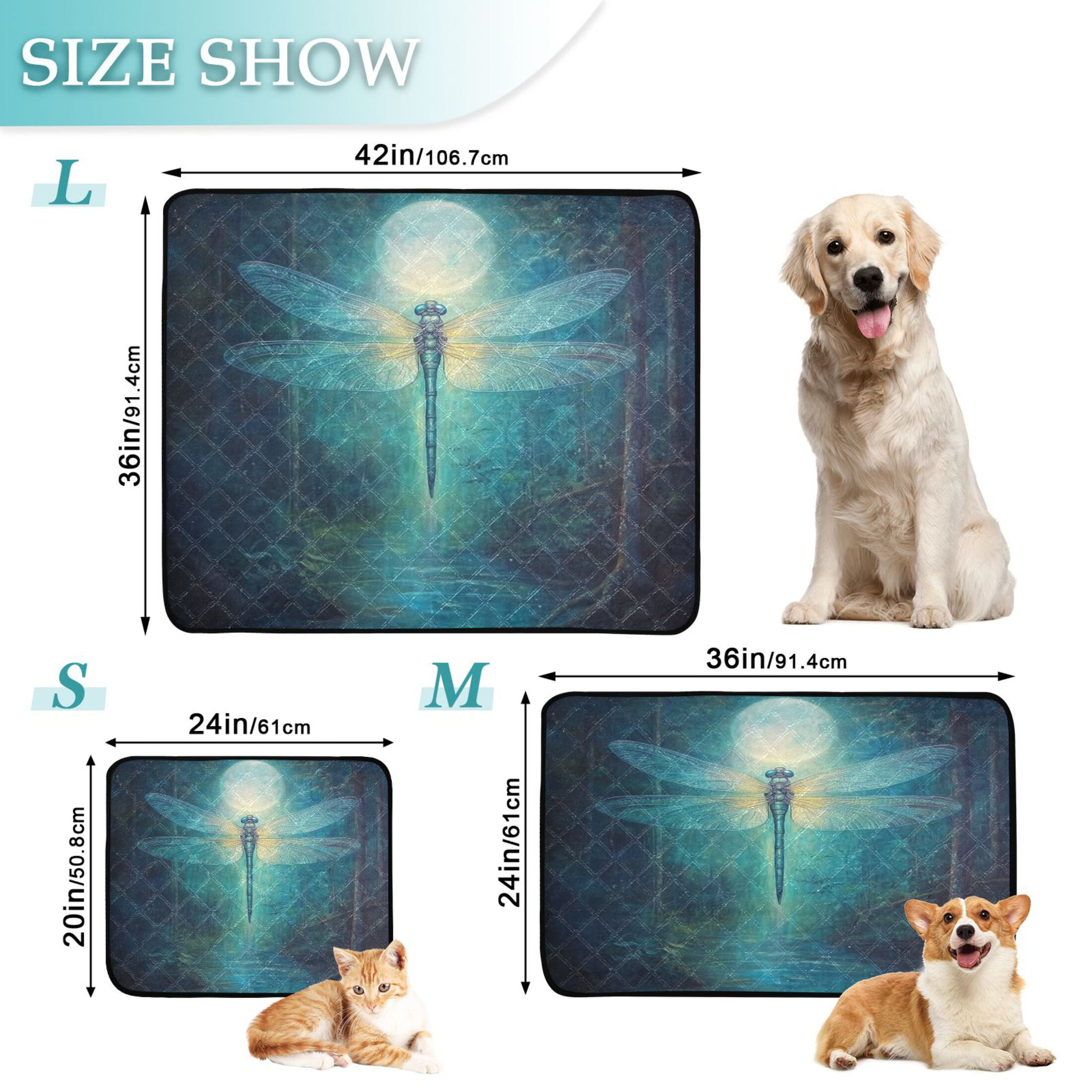 Qxltty Tranquility Dragonfly Cat litter Pads Pet Set of 3 Diaper Mats Center Anti-leakage Layer Absorbent Soft and Comfortable
