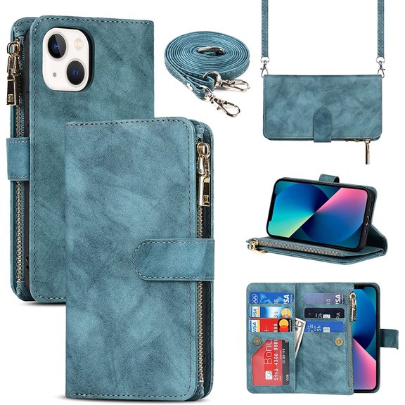 iPhone 13 Mini Phone Case Wallet for Women Men with Credit Card Holder, iPhone 13 Mini Crossbody Case with Strap Shoulder Lanyard, Zipper Pocket PU Leather Cases for iPhone 13 Mini,5.4" Blue