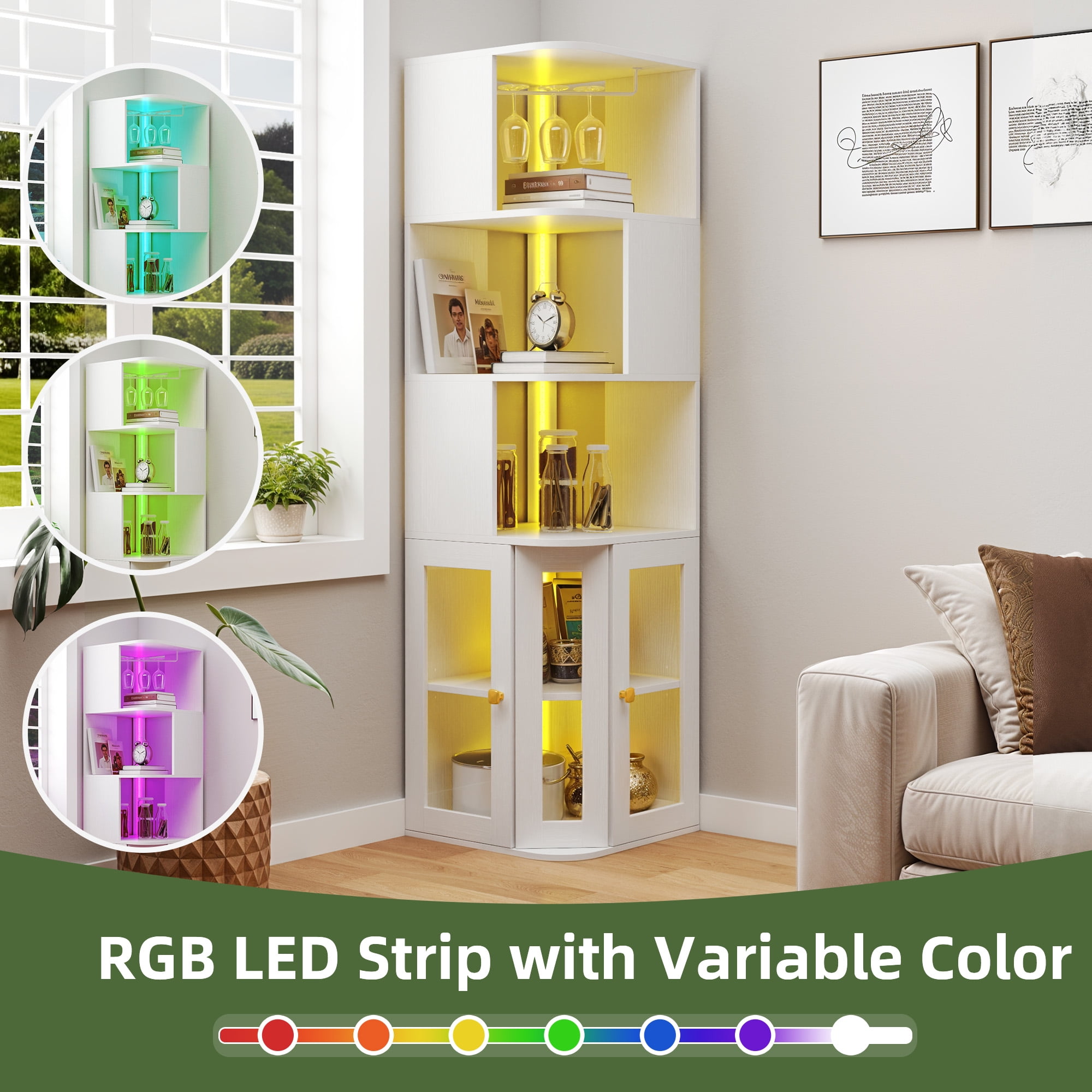 Uforic 5 Tier Corner Bar Cabinet with LED Lights & Glass Holder, Storage Cabinet with Door and Shelves, White