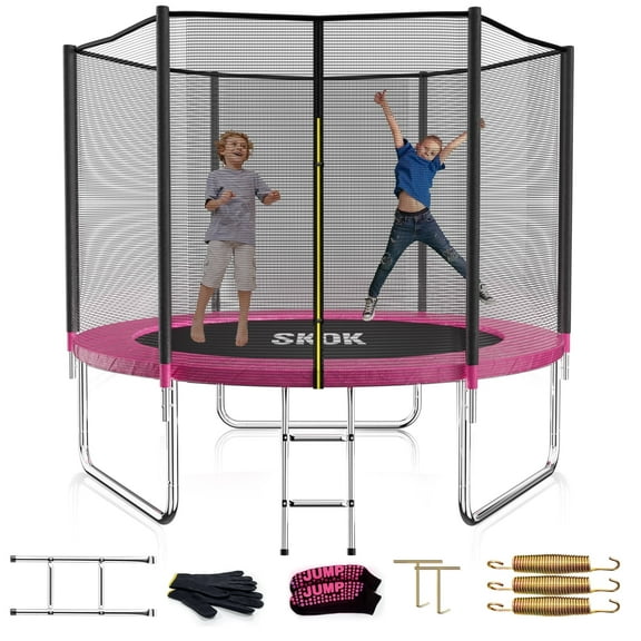 SKOK 10FT Pink Trampoline with 600LBS Capacity, Ladder, Waterproof, Heavy Duty for Indoor & Outdoor