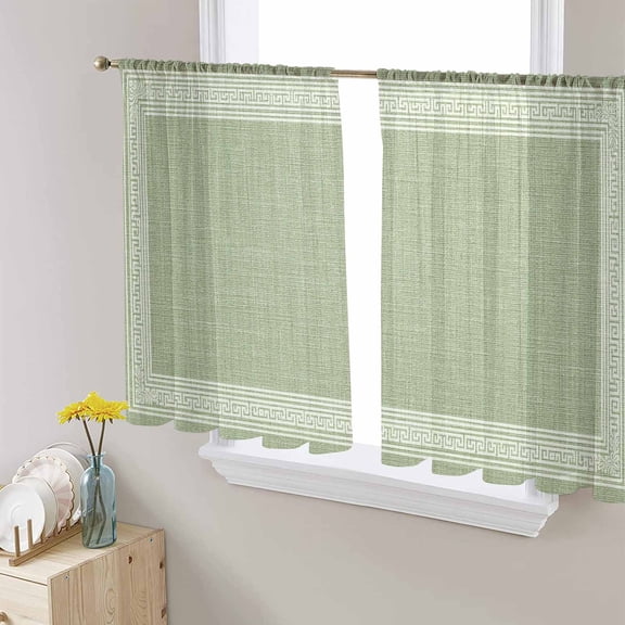 Sage Green Geometric Semi Sheer Window Curtains 54 Inches Long, White Greek Key Design Burlap Modern Art Rod Pocket Voile Silky Chiffon Curtain Treatment Drapes for Living Room, 52"x54", 2 Panels
