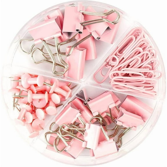 Paper Clips and Binder Clips Set, Metal Assorted Sized Binders with Push Pins, Cute Office Supplies for Desk, Desk Accessories, Rosegold