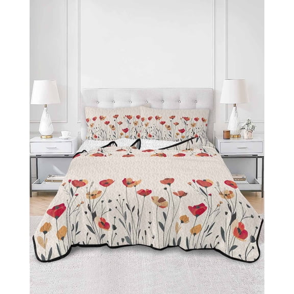Quilts Twin XL Size, Red Yellow Spring Floral Soft Comforter Bedding Set for Bed, Modern Abstract Art Lightweight Quilted Bedspread with Pillow Cover(2 Pieces) for All Season, 68x98 Inch