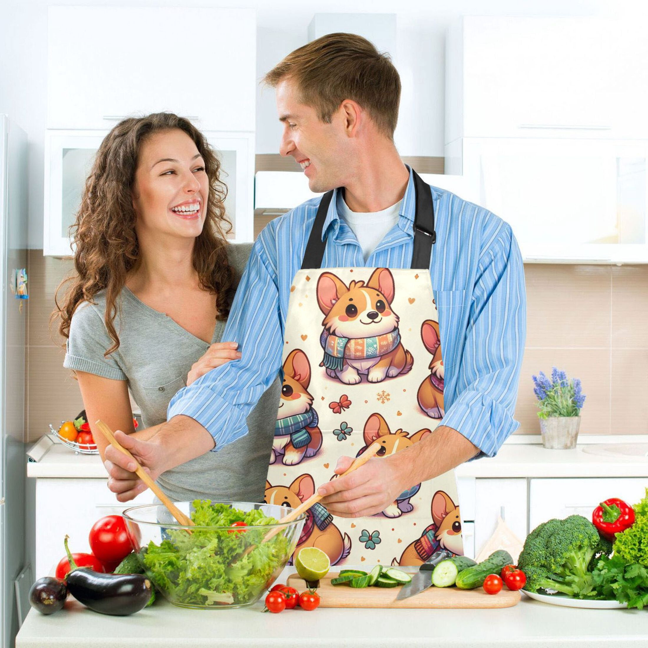 Corgi Dog Wearing Scarves 5 Pcs Kitchen Set Heat Resistant Oven Mitts and Non-Slip Pot Holders with Adjustable Cooking Apron
