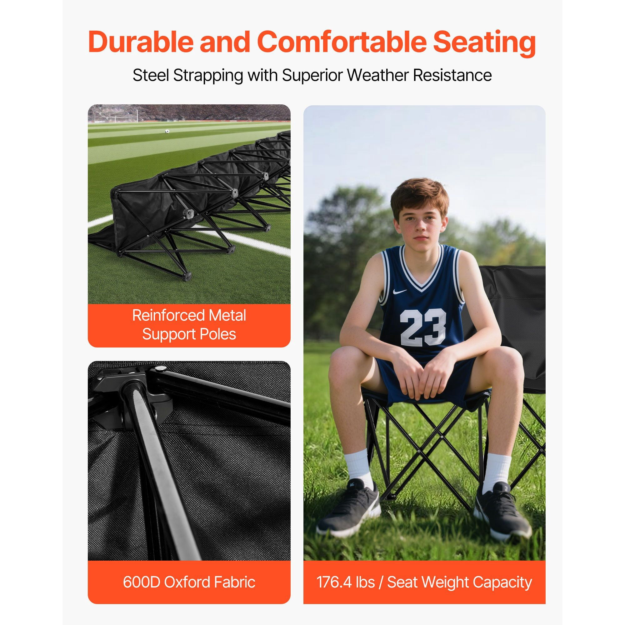 6 Person Portable Folding Sports Bench with Backrest, Multi Storage Pockets 600D Oxford Soccer Sideline Bench Φ16mm Iron Frame with Carry Bag for Football Baseball Camping Black