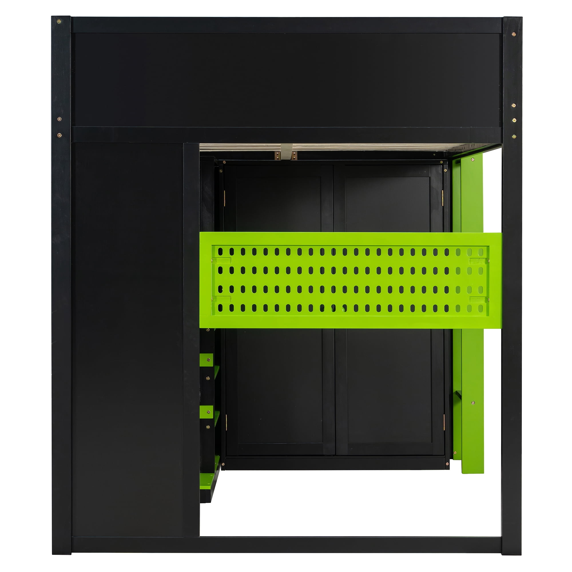 Mintazer Full Gaming Loft Bed with Adjustable Desk & Wardrobe, Modern Loft Bed with RGB Lights & Storage Pegboard, Black & Green