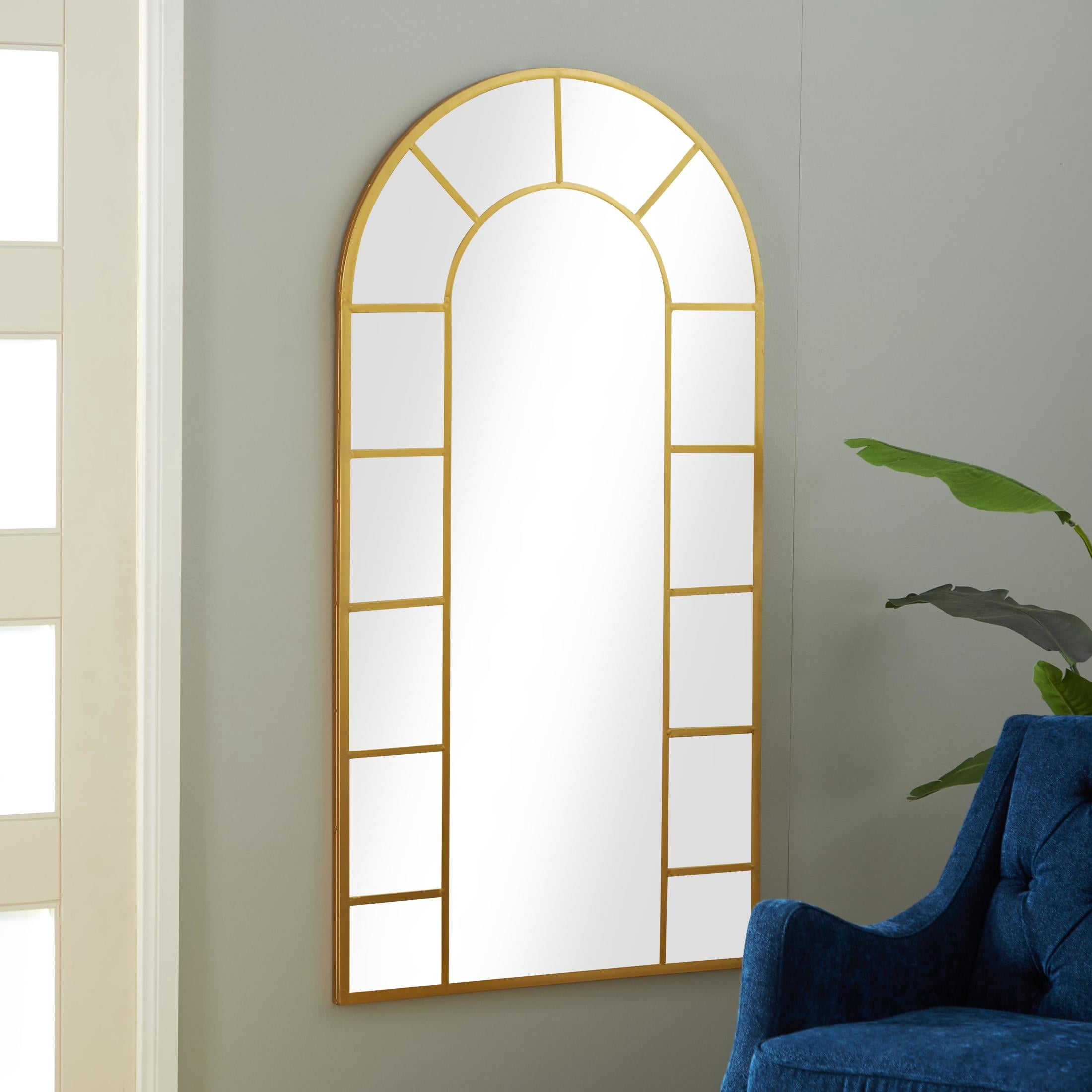 DecMode Gold Metal Arched Window Pane Room Wall Mirror with Arched Top, 32" x 1" x 60"