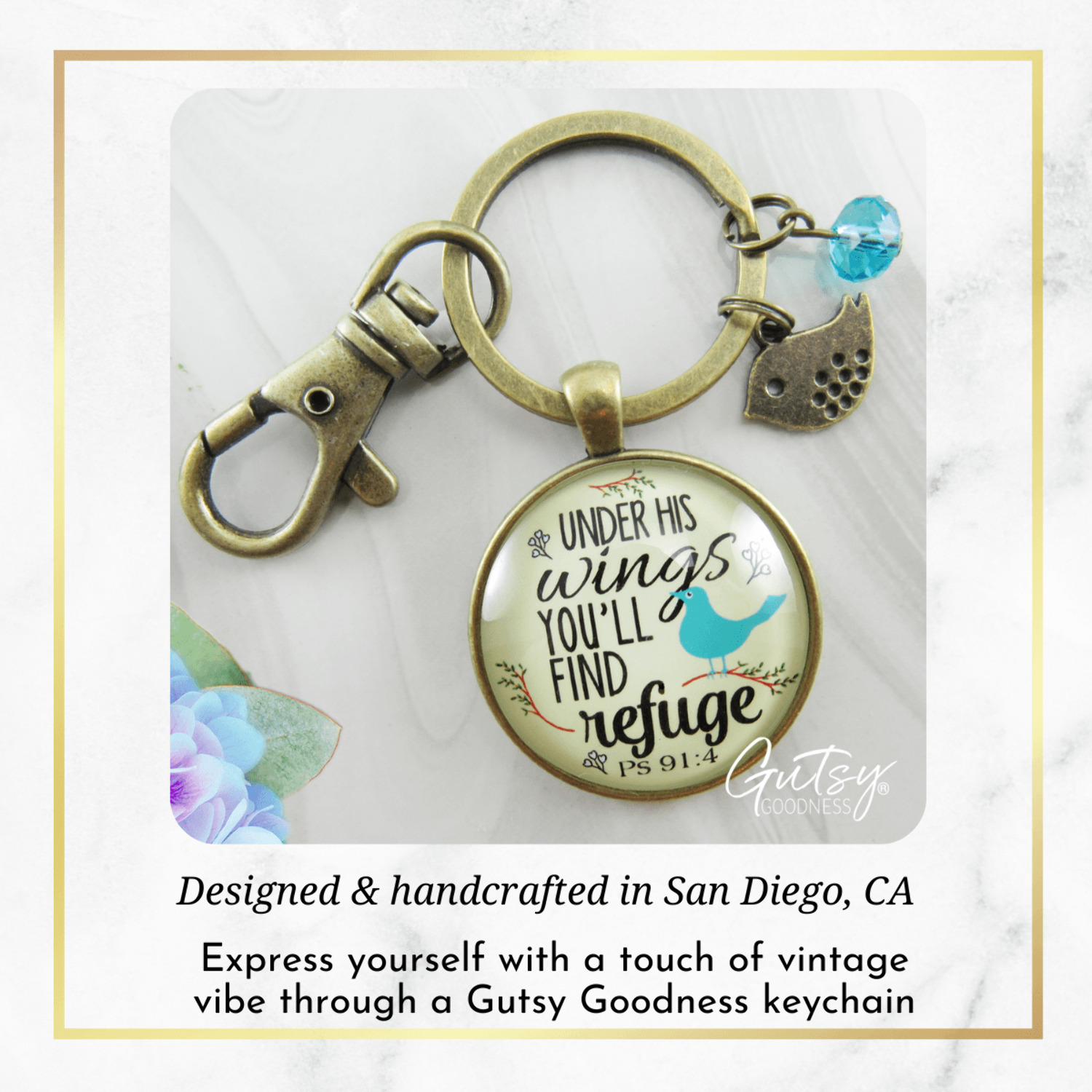 Bible Quote Gutsy Goodness Bronze Keychain Under His Wings Refuge Psalm 91 Promise Jewelry