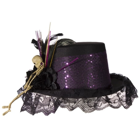 Costume Accessory - Felt Top Hat with Lace, Feathers and Skeleton