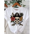 thumbnail image 1 of Women's Pirate Skull & Tropical Graphic T-Shirt - Black Crew Neck Casual Top with Skull, Pineapple, Swords - Machine Washable everyday & Halloween Party Shirt for Women, 1 of 6