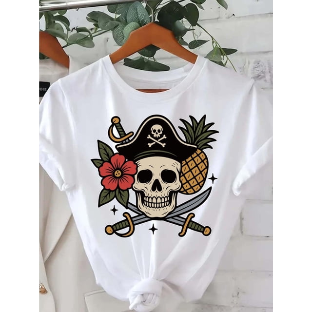 Women's Pirate Skull & Tropical Graphic T-Shirt - Black Crew Neck Casual Top with Skull, Pineapple, Swords - Machine Washable everyday & Halloween Party Shirt for Women