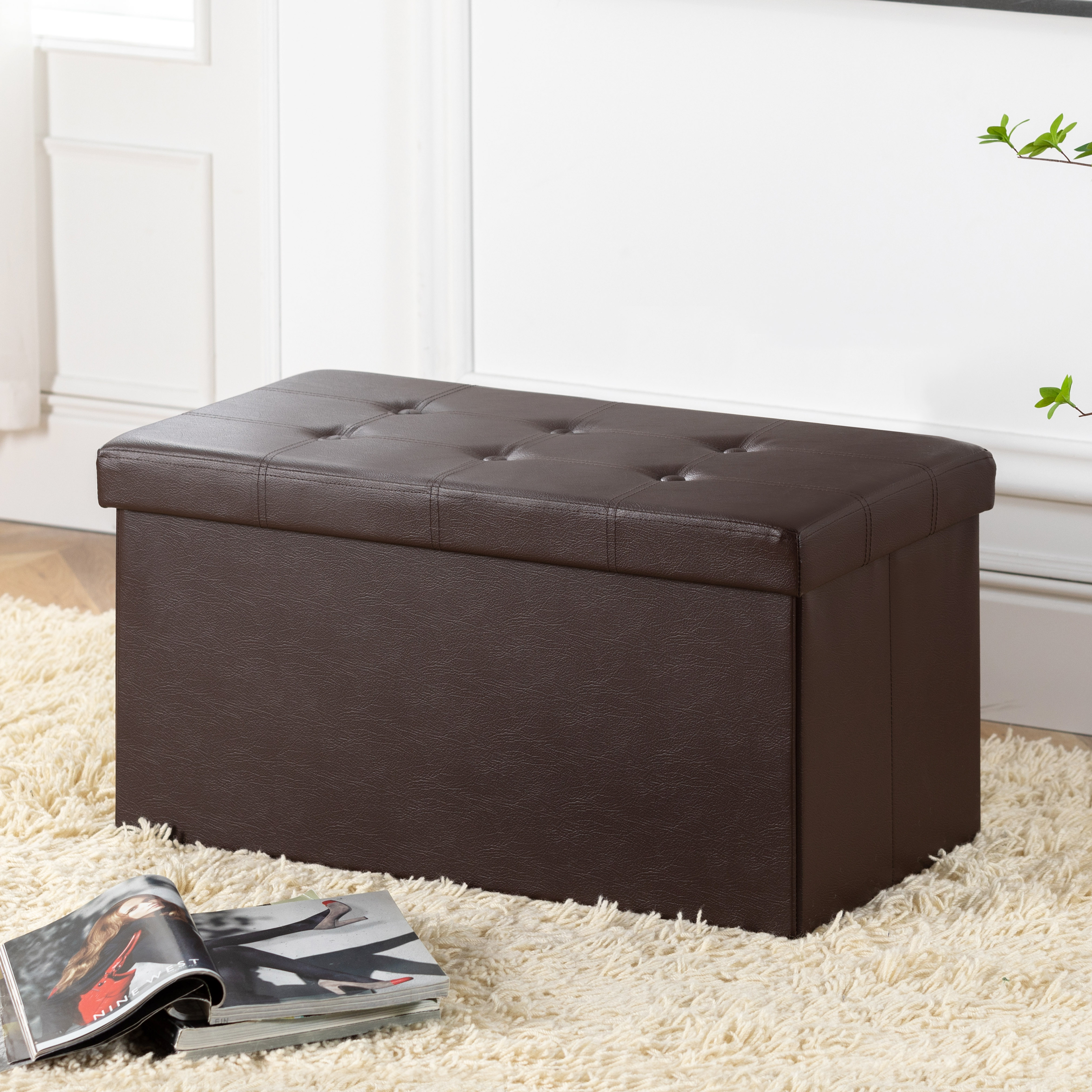 Mellow 30" Button Tufted Faux Leather Collapsible Storage Ottoman