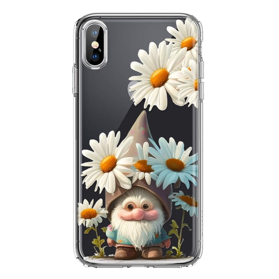 MUNDAZE Apple iPhone XS/X Shockproof Clear Hybrid Protective Phone Case Cute Gnome White Daisy Flowers Floral Cover