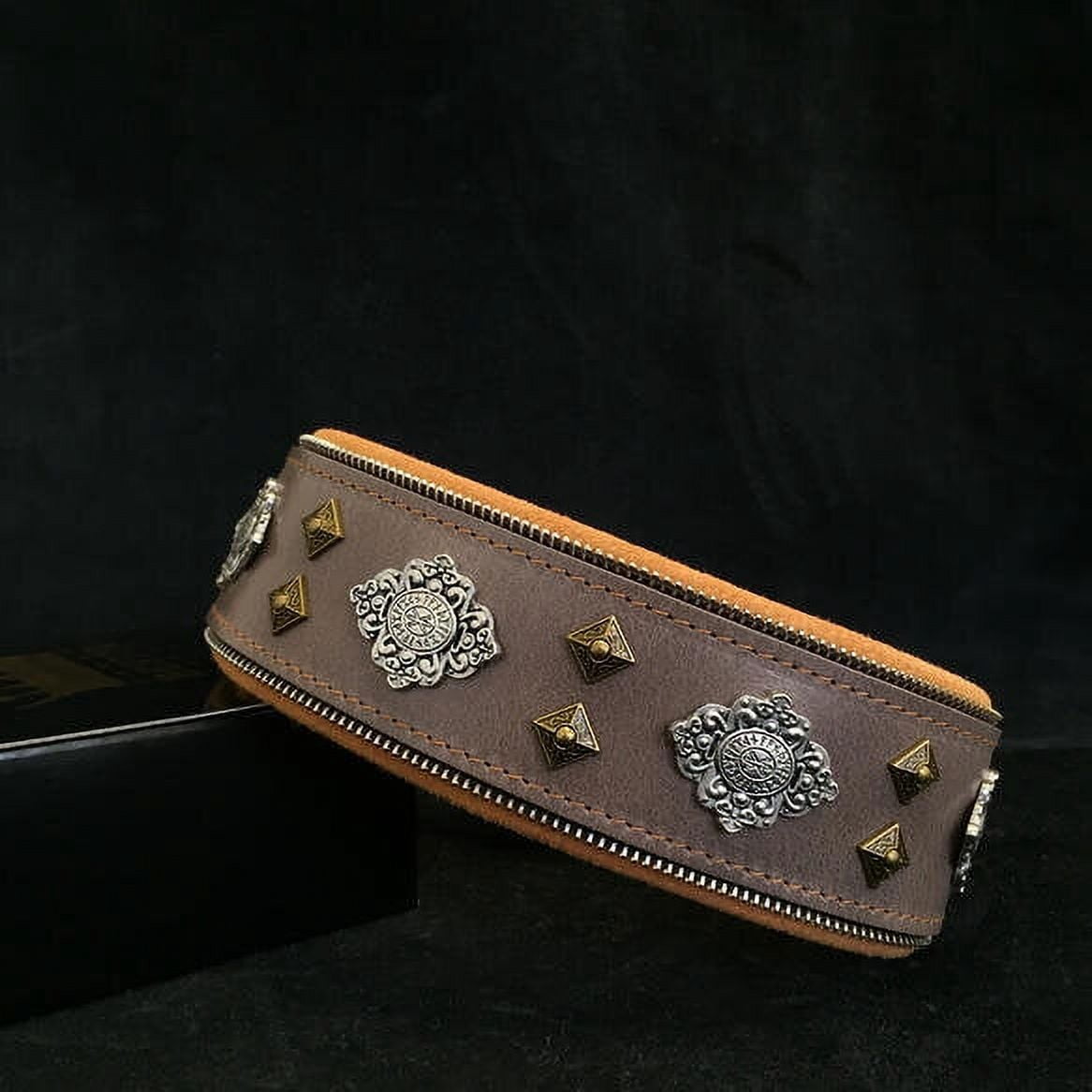 The Bestia "Aztec" Gray Leather Dog Collar for Large Dog Breeds