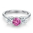 thumbnail image 3 of Gem Stone King 925 Sterling Silver Pink Created Sapphire and White Topaz Engagement Ring for Women | 2.20 Cttw | Round 6MM | Gemstone September Birthstone | Size 9, 3 of 6
