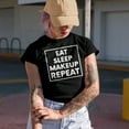 thumbnail image 2 of Eat Sleep Makeup Repeat, Routine Quote, Beauty Themed Merch Gift for Makeup Artist or Lovers, Cosmetologists & Beauticians, Black T-Shirt, 3XL, 2 of 5