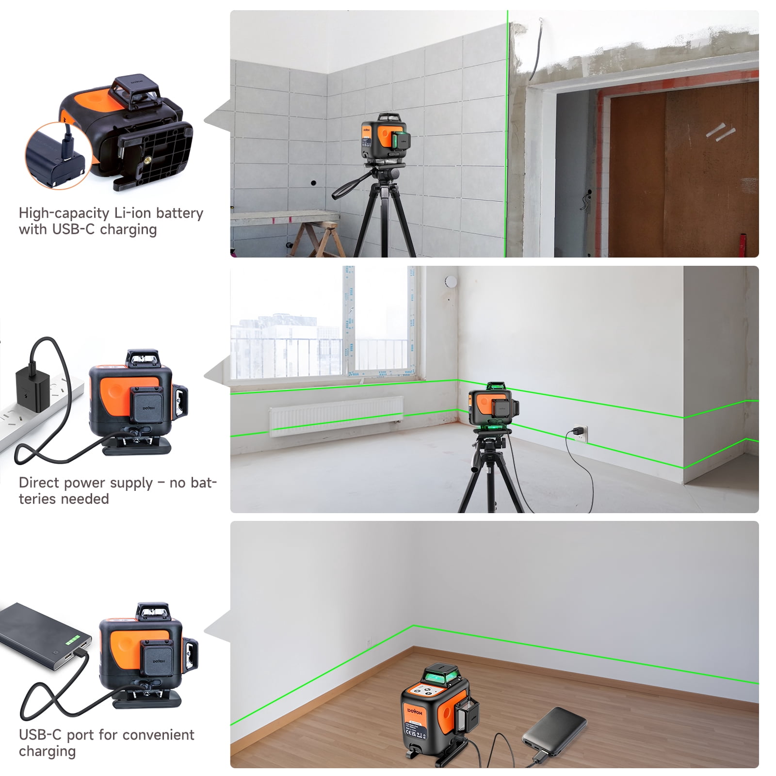 DOVOH Green Self-Leveling Laser Level 16 Lines 360° 4D, Rechargeable Type C Receiver Compatible, Y4-360G