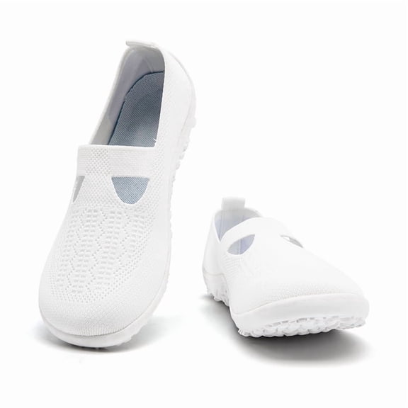 DLWKIPV Breathable Knit Slip-On Shoes for Women - Lightweight Comfort Flats for Daily Walking & Work(WHITE,7)