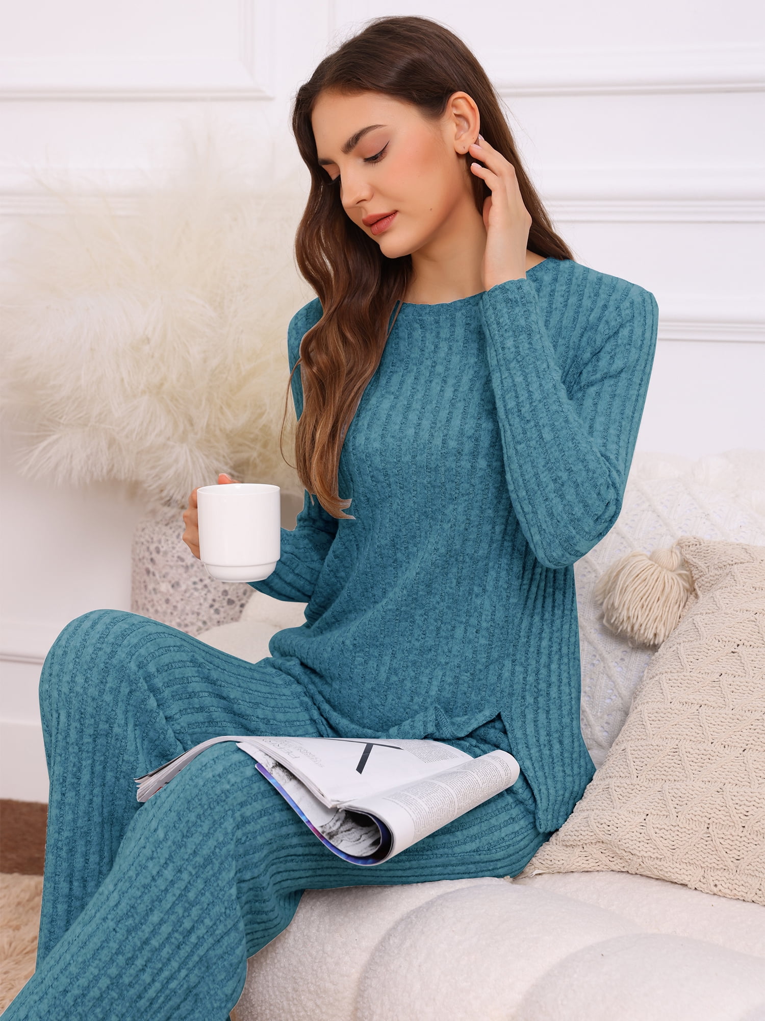 DARING DIVA Women's Knit Long Sleeve Ribbed Sleepwear Soft Crewneck Sets L Peacock Blue