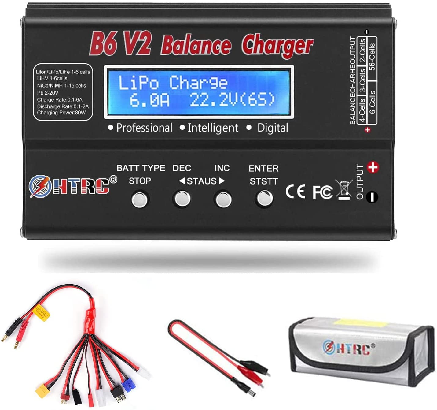 LiPo Balance Charger Power Supply 1S-6S Digital Discharger Battery Pack Charger 80W 6A for Li-ion Life NiCd NiMH LiHV PB Smart Battery,Deans Connectors 