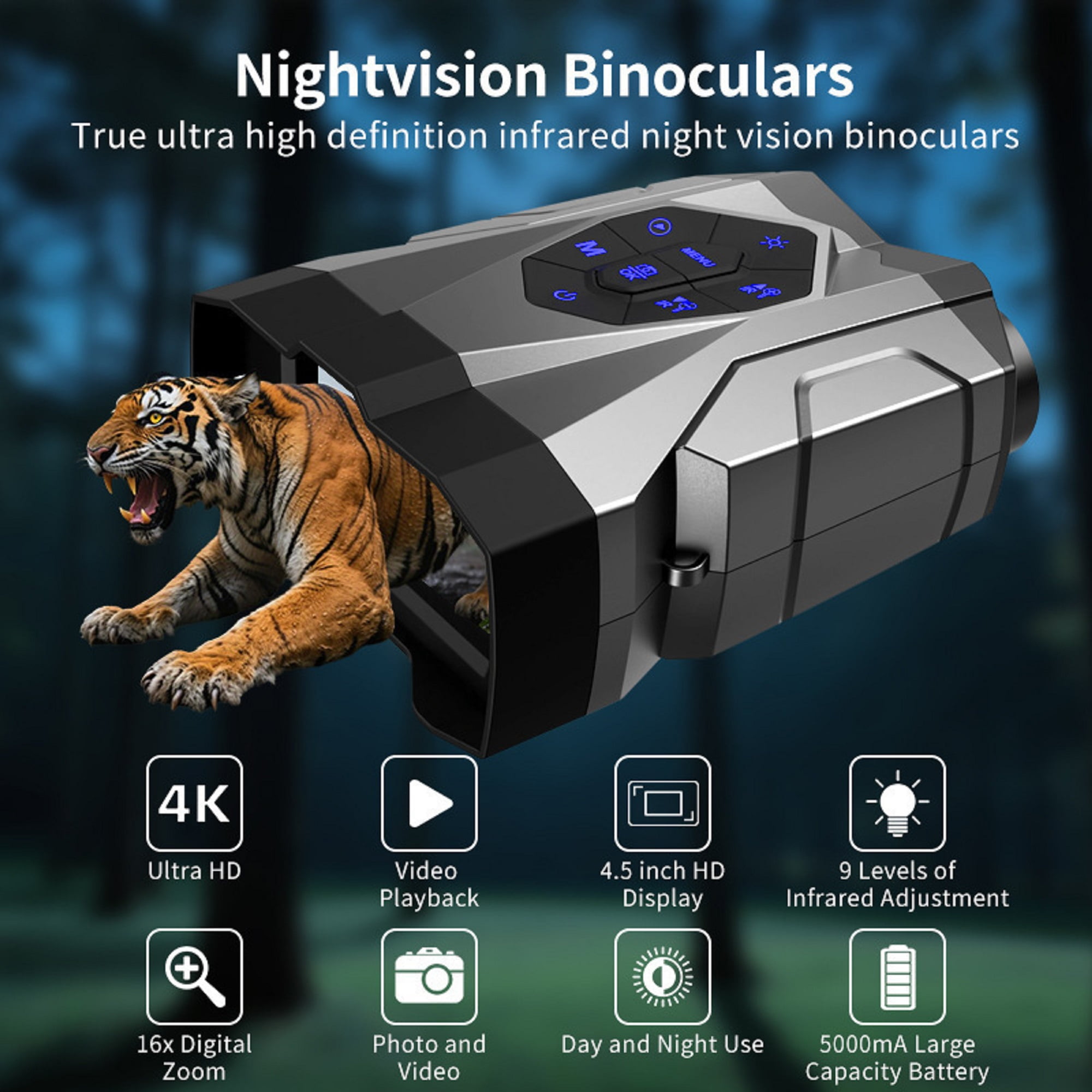 Pecham 4K Night Vision Goggles, 16X Digital Infrared Binoculars with 4.5" HD Screen, 2000FT Long Range, Rechargeable 5000mAh Battery, 32GB Card for Hunting, Camping, Wildlife & Surve