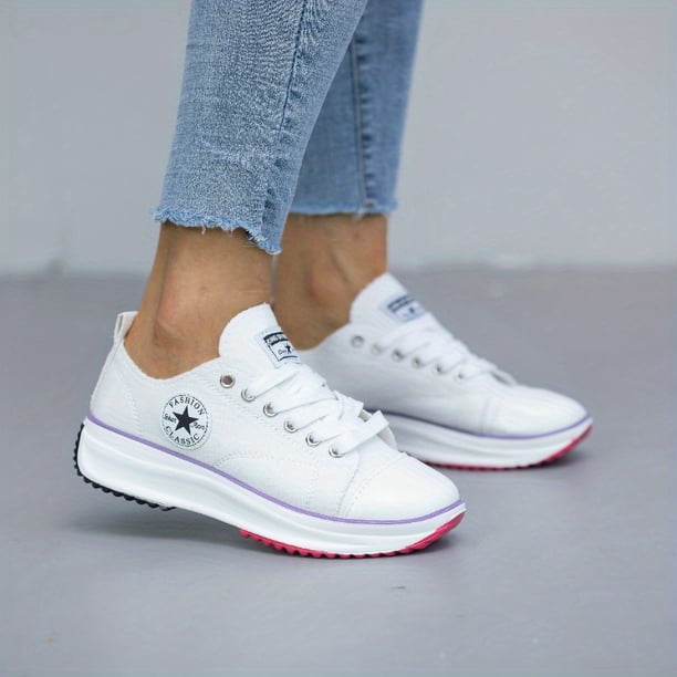 Zapatos de lona con plataforma para mujer, zapatillas con cordones y punta redonda de color sólido, zapatos bajos casuales