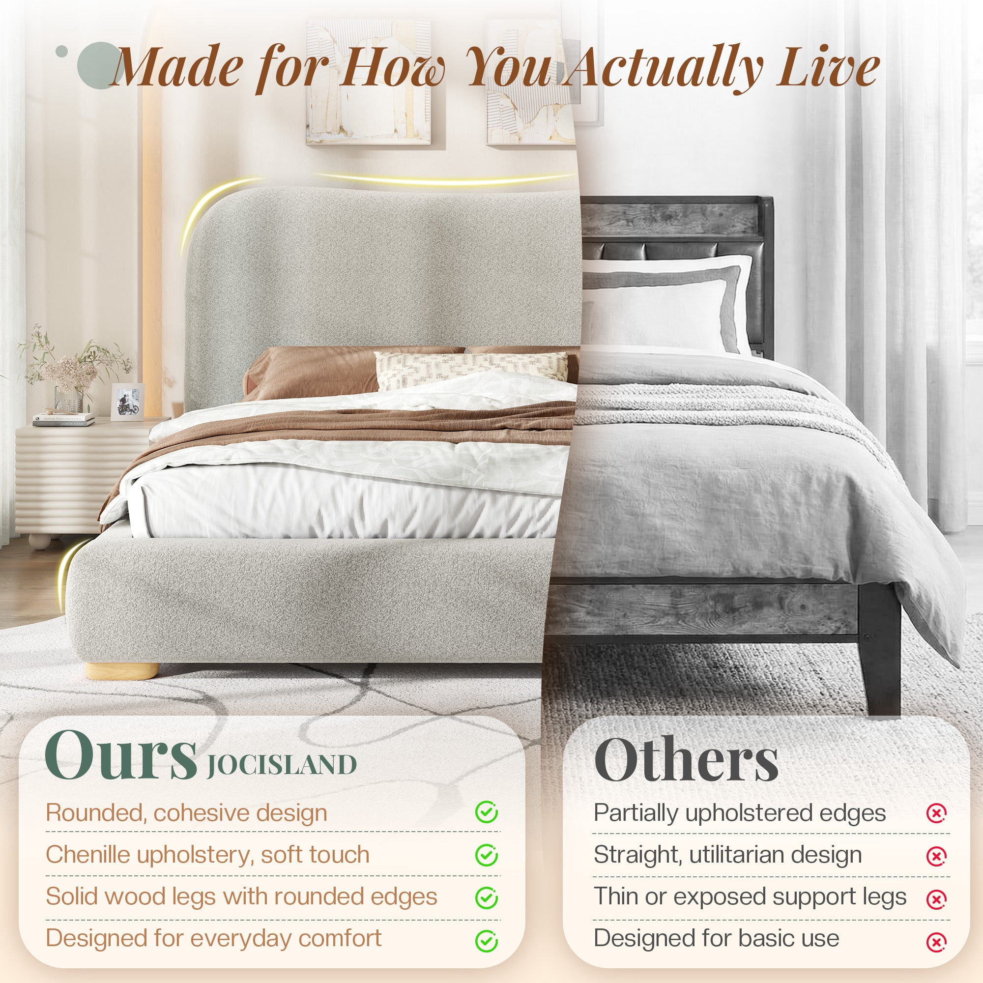 VanAcc Full Size Cloud Bed Frame, 7.1" Thick Curved Headboard, Modern Upholstered Platform Bed, Easy Assembly, Chenille Light Grey