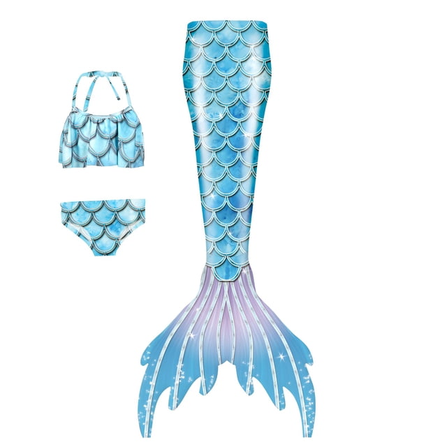 Womens Swimsuits 3 Piece Set Mermaid Performance Ruffled Top with Fish Tail Design Sky Blue Women Bathing Suits L