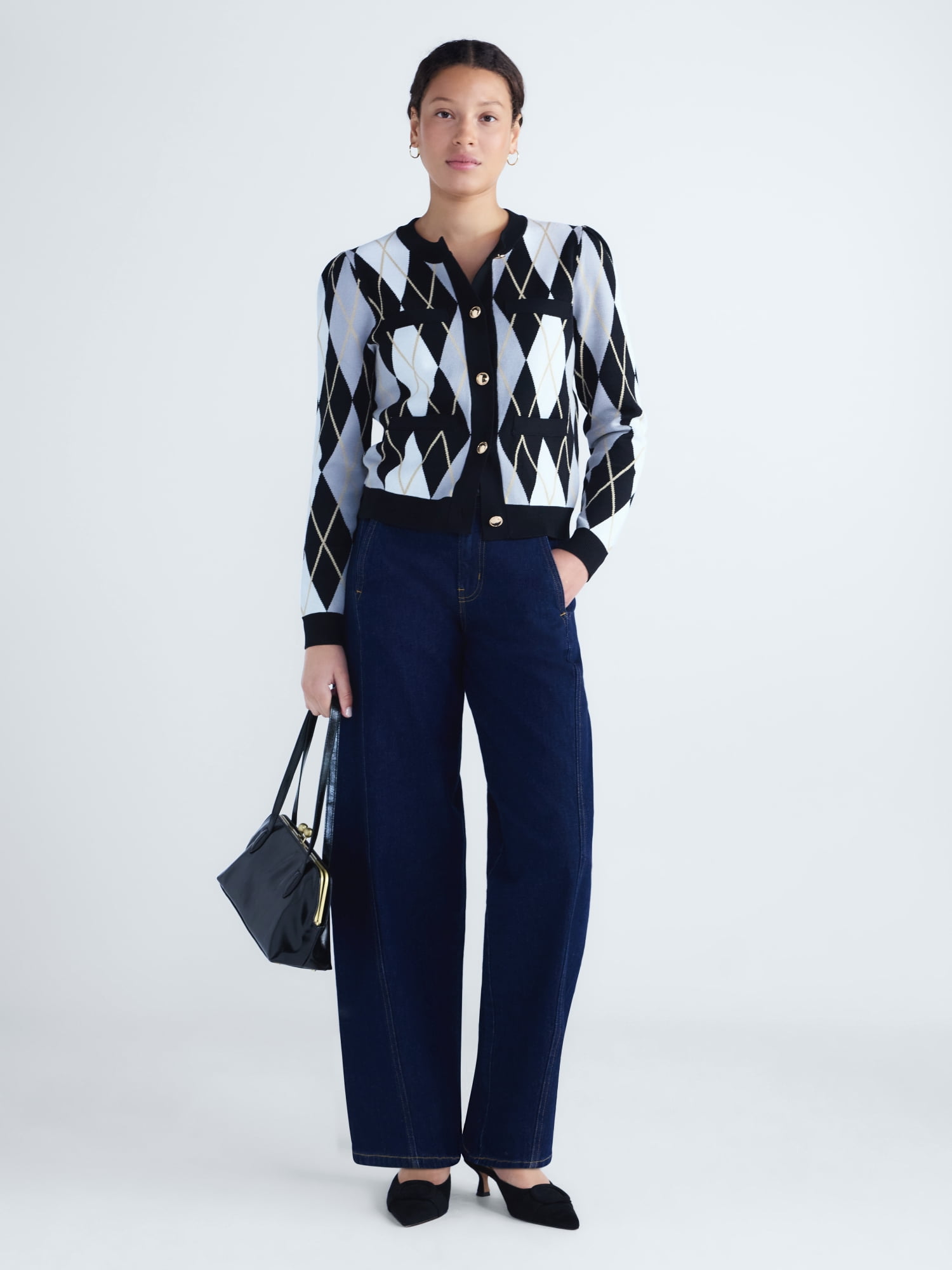 Free Assembly Women's and Women's Plus Argyle Cardigan Sweater with Puff Sleeves, Midweight, Sizes XS-4X