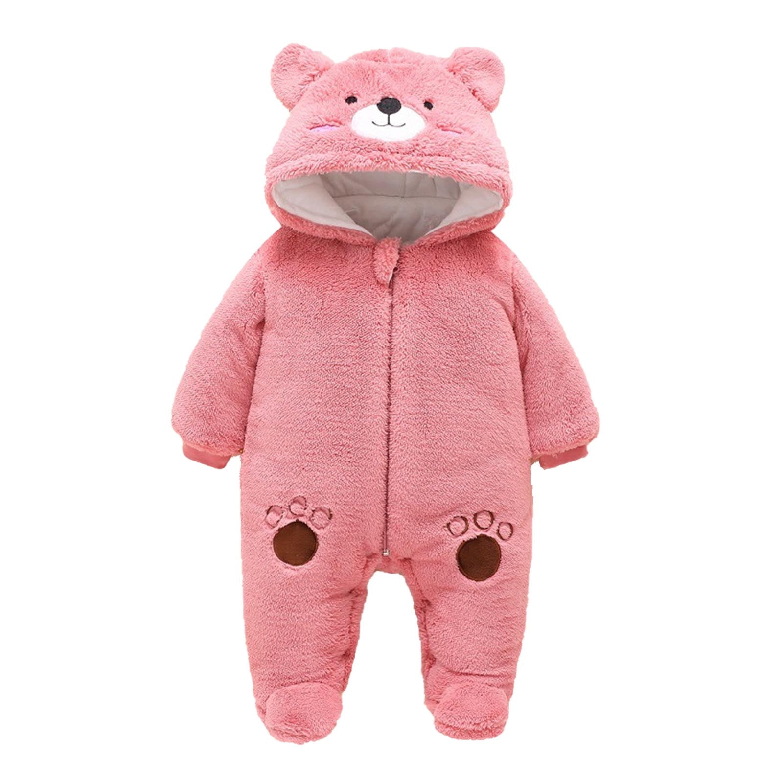 Jinhomg Cute Bear Onesie for Baby Soft Cozy Fleece Footie Hooded Romper Fall Winter Thermal Long Sleeve Full Zip Jumpsuit Trendy Bodysuit Spring Saving Pink 12 Months