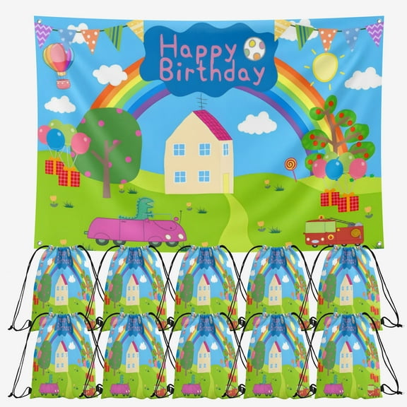 OdeJous Happy Birthday Party Supplies,10 Pieces Cartoon Candy Drawstring Bag Include Backdrop 7x5FT, Drawstring Goodie Favor Bags for Birthday Party Decorations(10.6 x 13.3 Inch)