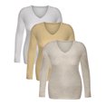 thumbnail image 4 of Emmalise Women's Junior amd Plus Size Vneck Tshirt Long Sleeves Shirt Tee, Large, 3Pk White, Taupe, Oat, 4 of 7