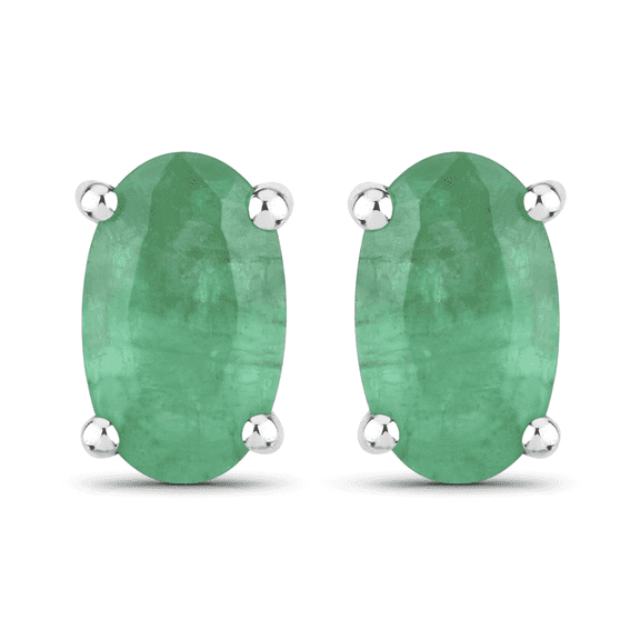 Genuine Zambian Emerald Stud Earrings in 10K White Gold, Oval May Birthstone