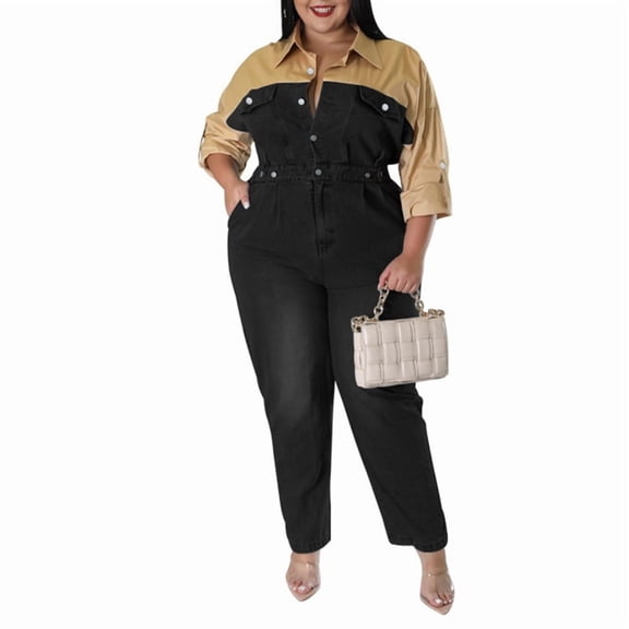 Women'S Plus Size Denim Jumpsuit with High Waist and V Neck Design Black XXXL