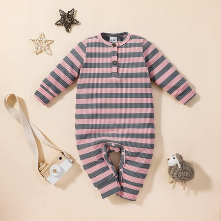 

Baby Girls Boys Striped Print Ribbed Romper Jumpsuit Clothes Pink 12
