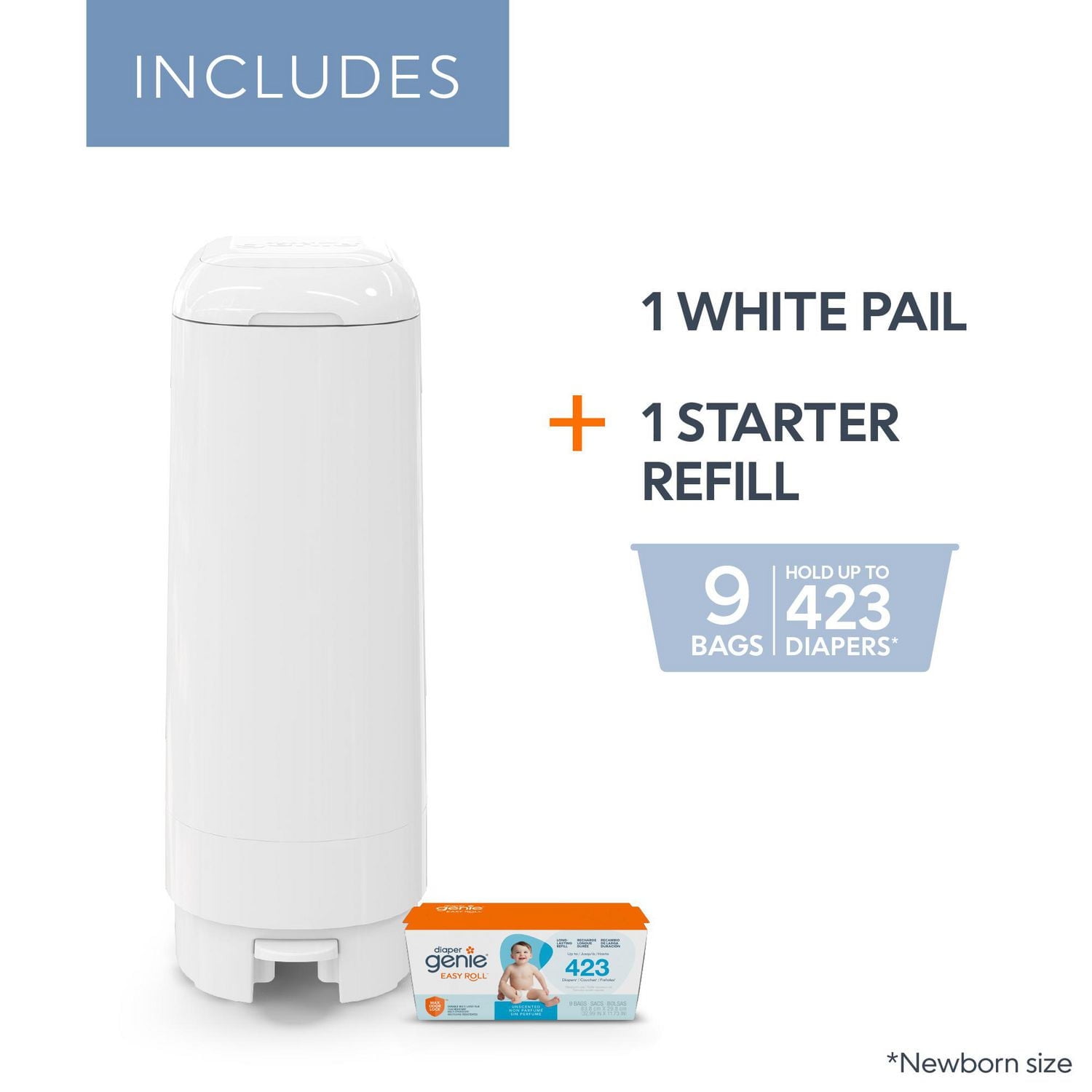 Diaper Genie Signature Diaper Pail, White, Foot Pedal, Odour Control, 9 Easy Roll bags / holds up to 423 diapers