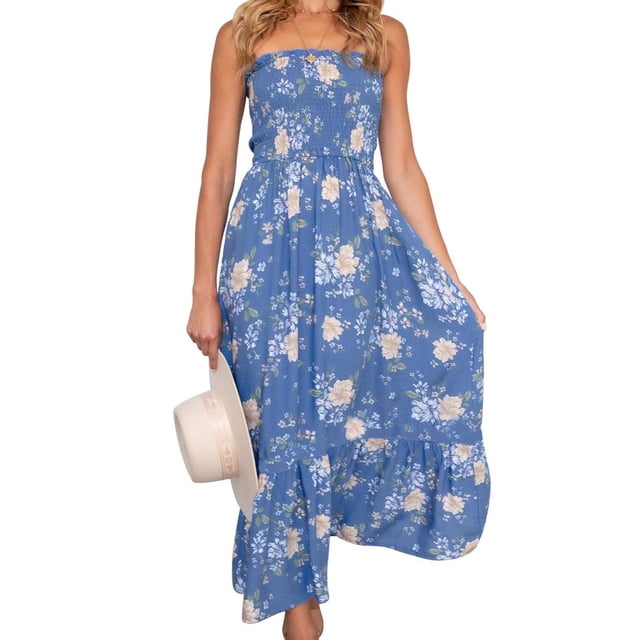 SMihono Robe Maxi Bohème d'Été pour Femmes Grande Taille Robe Longue Imprimée Florale Bohème Sans Bretelles pour Fête Robe de Plage